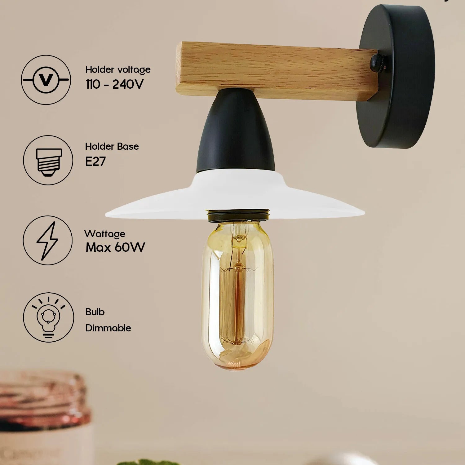 2Pack White LED Wall Light Sconce Wood,15cm Lamp Shade,E27 Lamp Holder~4349
