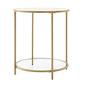 Modern Glass Top Round Metal End Table Nightstand with Bottom Shelf in Gold
