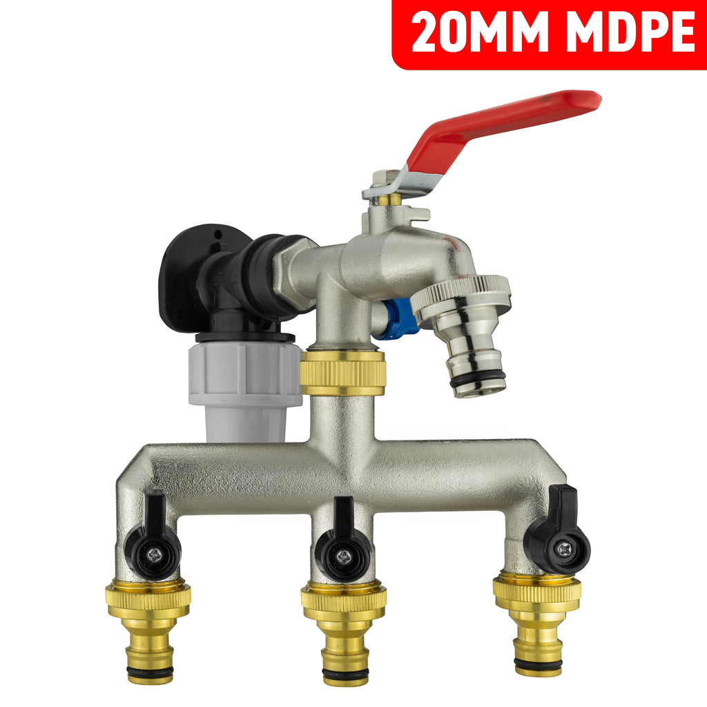Wall Flange Kit 20mm MDPE + Quick Connect Triple Metal Splitter Tap Tap Adapter